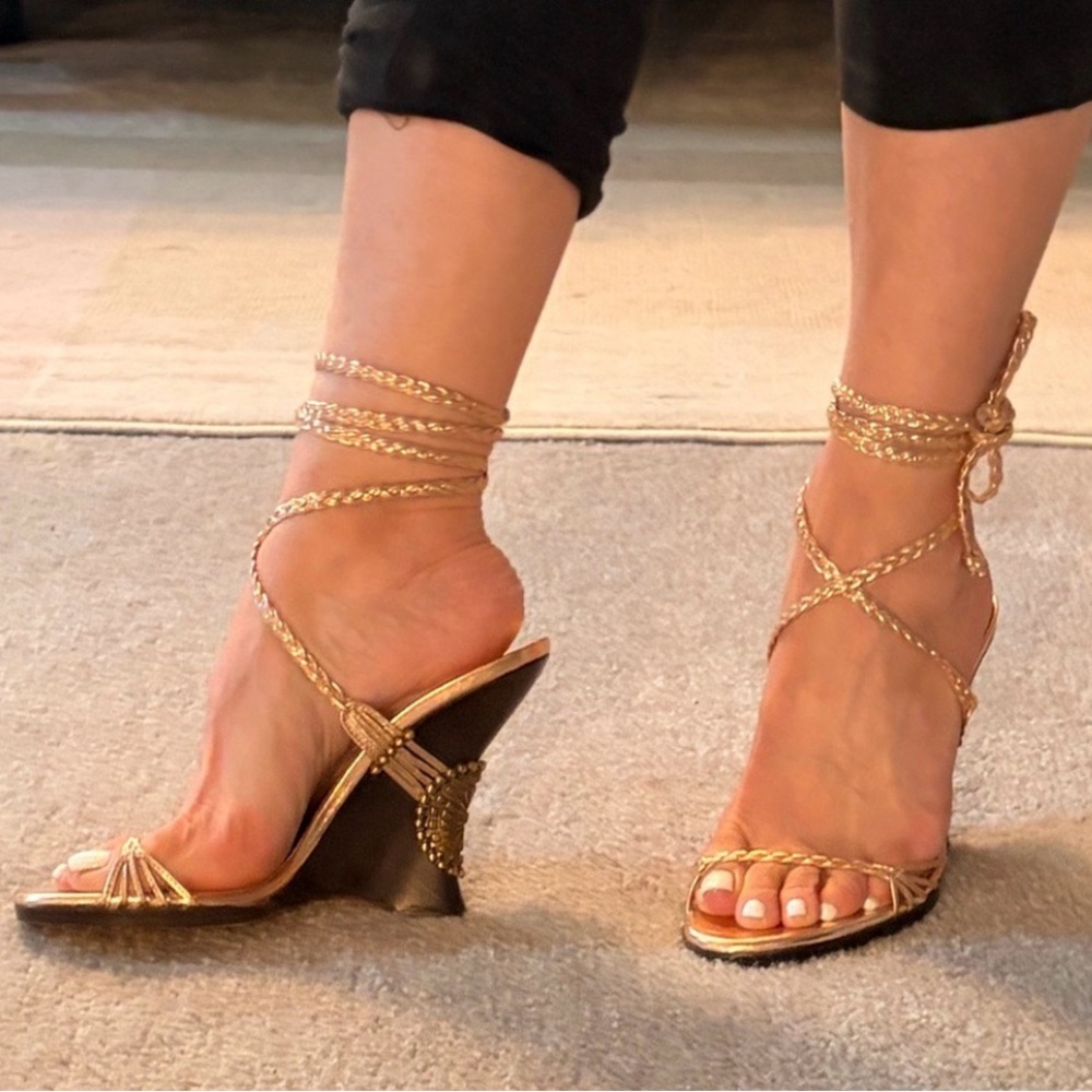 Jimmy Choo Rose Gold Lace-Up Wedge Sandals Sz 37